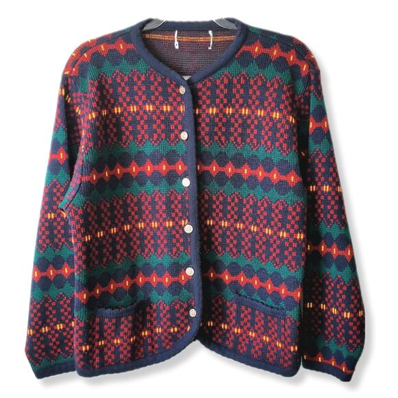 Tally Ho Sweaters - Vtg 80s Tally Ho Granny Cardigan Sweater L Multicolor Gold Button Classic